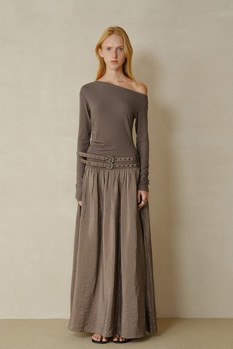 Double Belt Asymmetrical Shoulder Long Sleeve Dress