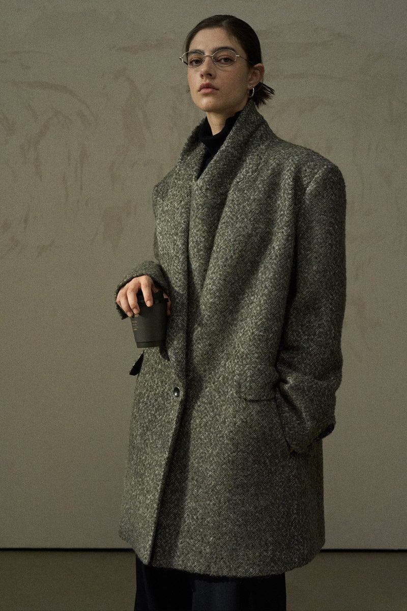 Textured Herringbone Lapel Coat