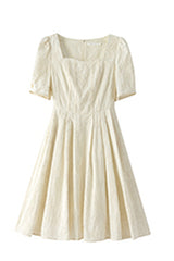 Square Neck Embroidered Pleated Dress