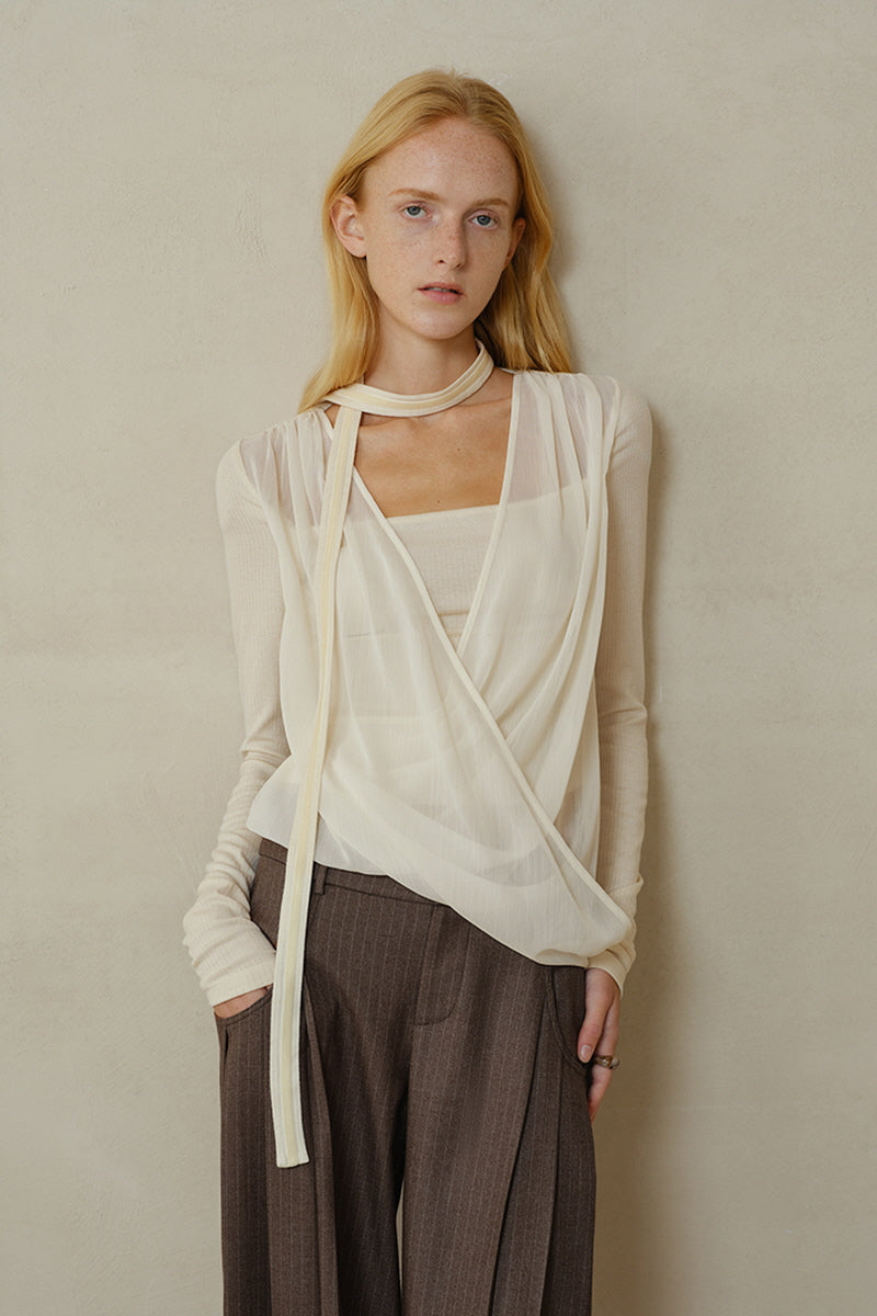 Draped Overlapping Mesh Wrap Top