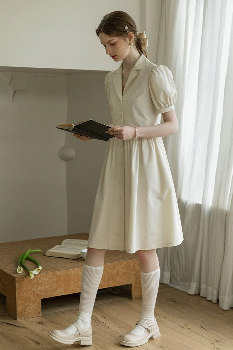 Suit Collar Puff Sleeve Midi Dress
