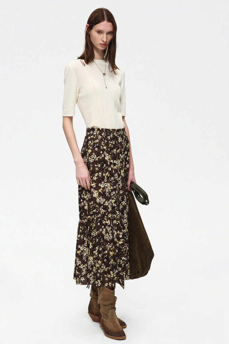 Lace-Up Vintage Floral Midi Skirt