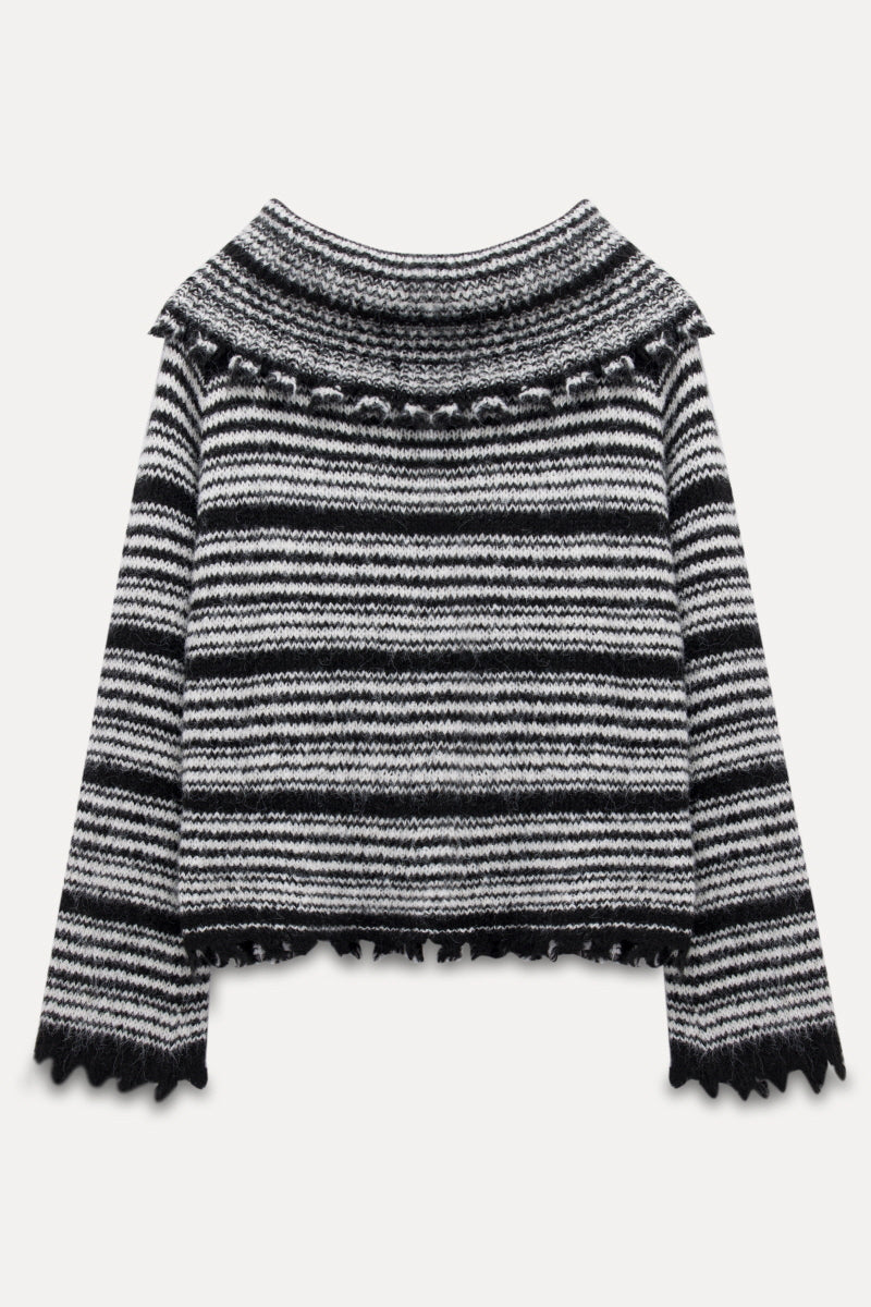 Lapel One-Shoulder Striped Sweater