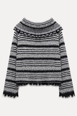 Lapel One-Shoulder Striped Sweater