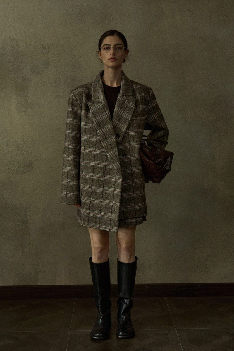 Retro Plaid Wide-Shoulder Suit Jacket