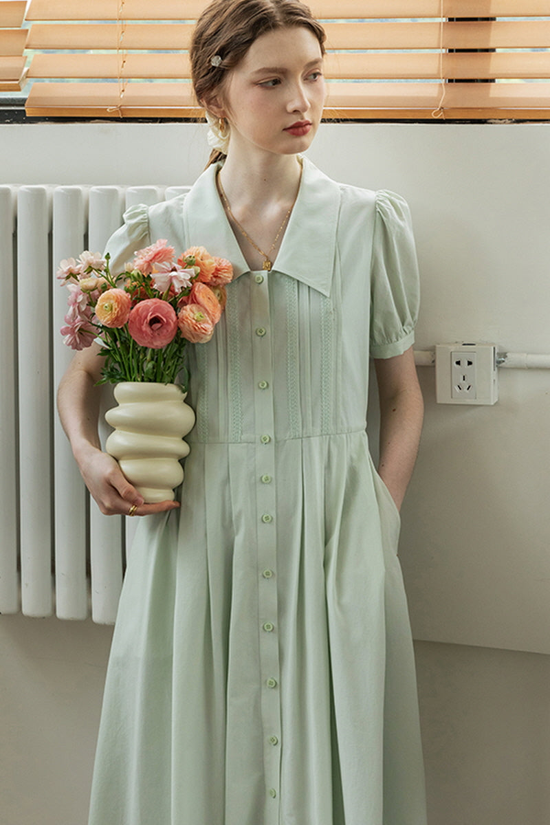 French Puff Sleeve Waist Shirt Dress