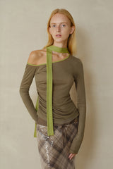 Slanted Shoulder Contrast Panel Knit Top