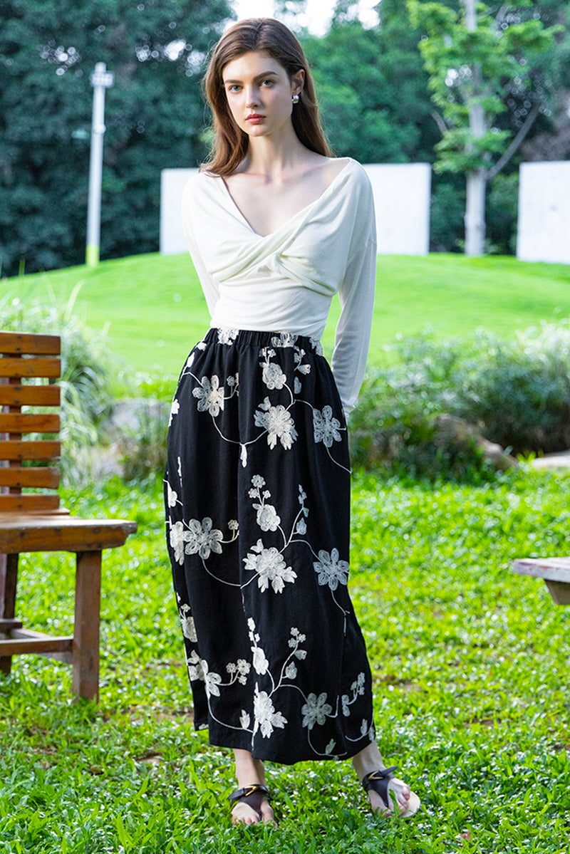 Embroidered A-Line Midi Skirt