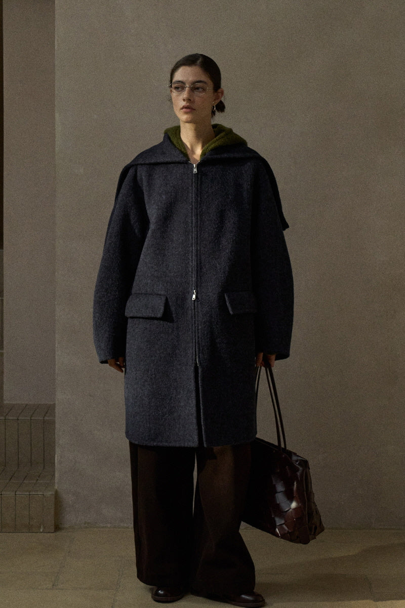 Hooded Scimitar-Sleeve Reversible Coat