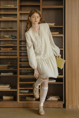 V-Neck Puff Sleeve Tie Waist Long Dress