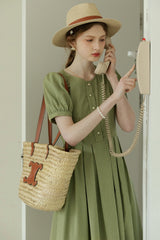 French Vintage Crew Neck Pleated Skirt Dress