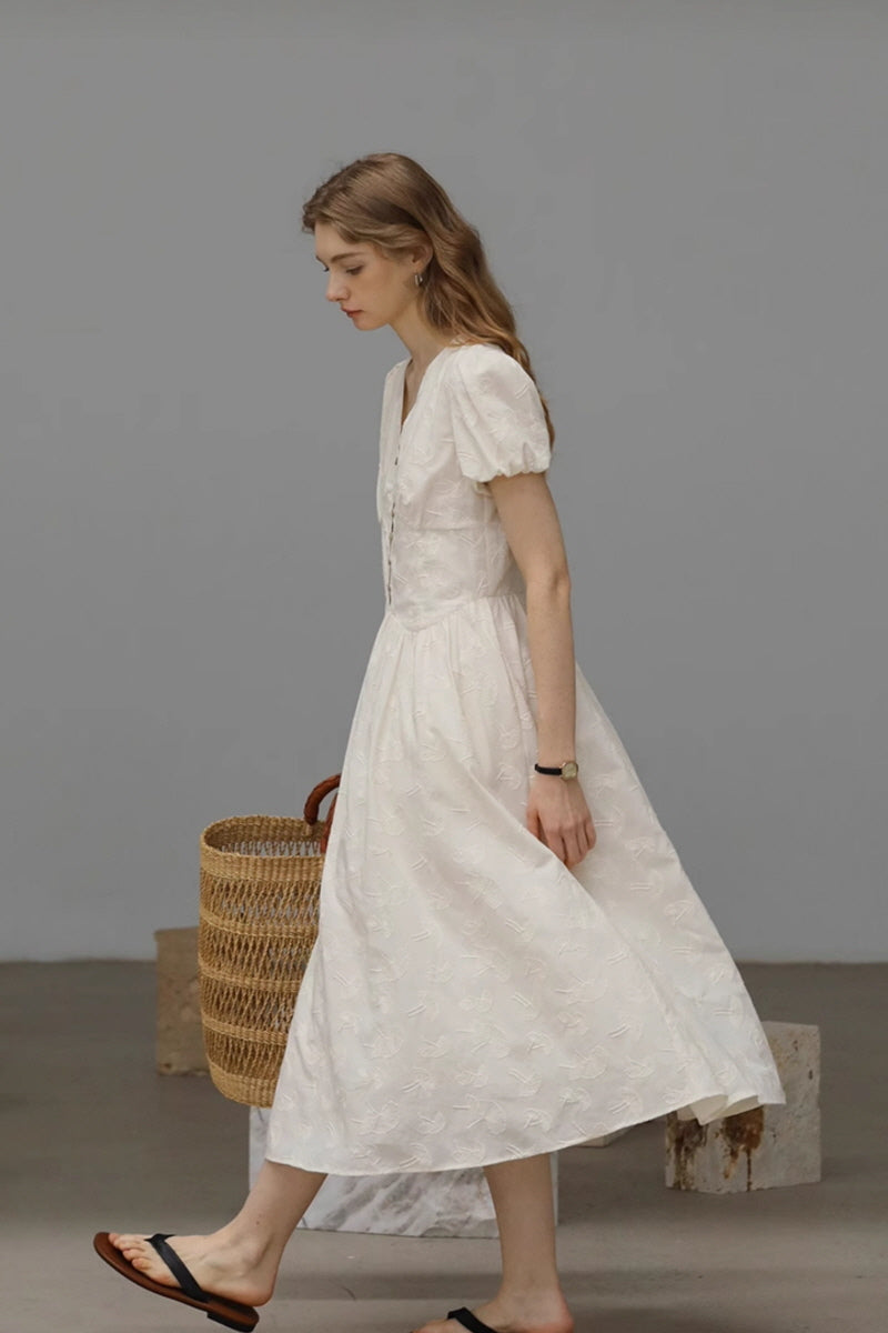 Gentle V-Neck Embroidered Long Dress
