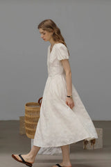 Gentle V-Neck Embroidered Long Dress