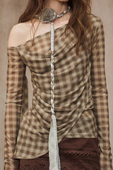 Asymmetrical Plaid Off-Shoulder Top
