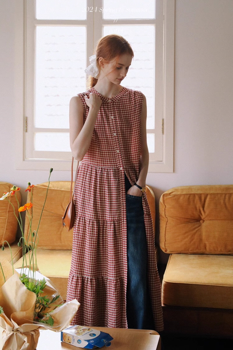 Vintage Lace-Up Check Dress