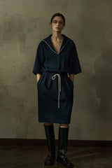 Contrast-Edge V-Neck Twill Dress
