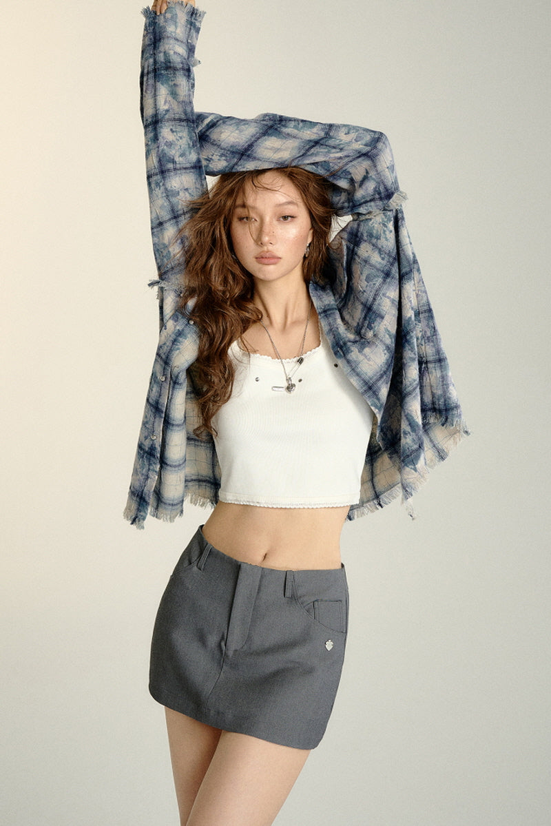 Tie-Dye Tassel Check Long-Sleeved Shirt
