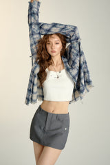 Tie-Dye Tassel Check Long-Sleeved Shirt