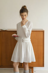 Double Belt Cinched V-Neck Long Sleeve Dress