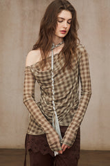 Asymmetrical Plaid Off-Shoulder Top