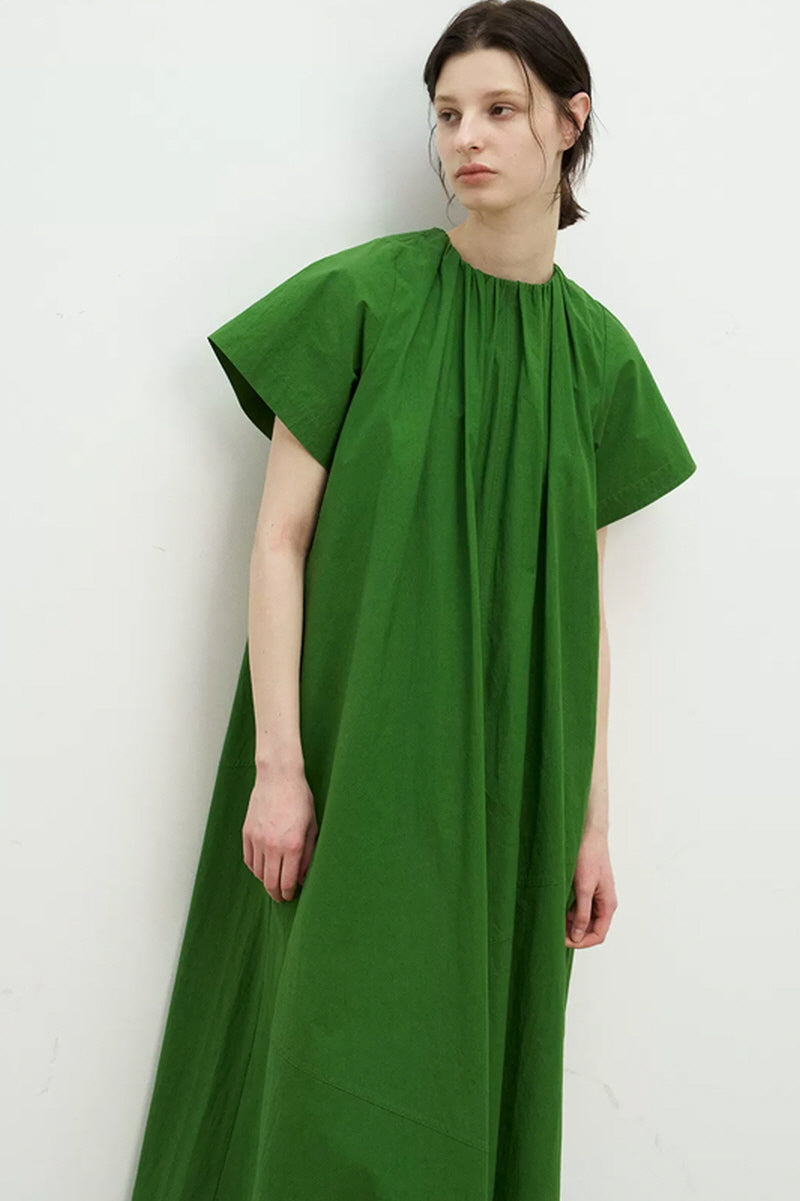 Elastic Shirred High-Cut Neck Maxi Dress