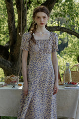 Fungus-Trimmed Square Neck Puff Sleeve Floral Dress