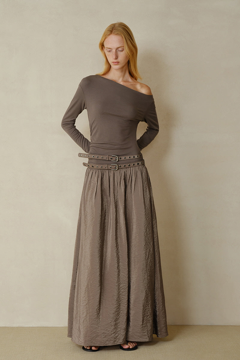 Double Belt Asymmetrical Shoulder Long Sleeve Dress
