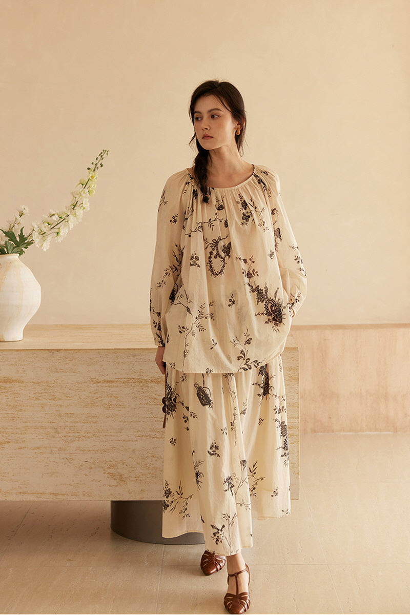 French Botanical Print Loose Shirt