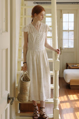 Court Fly Sleeve V-Neck Embroidered Lace-Up Dress