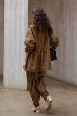 Washed Drawstring Crew Neck Jacket