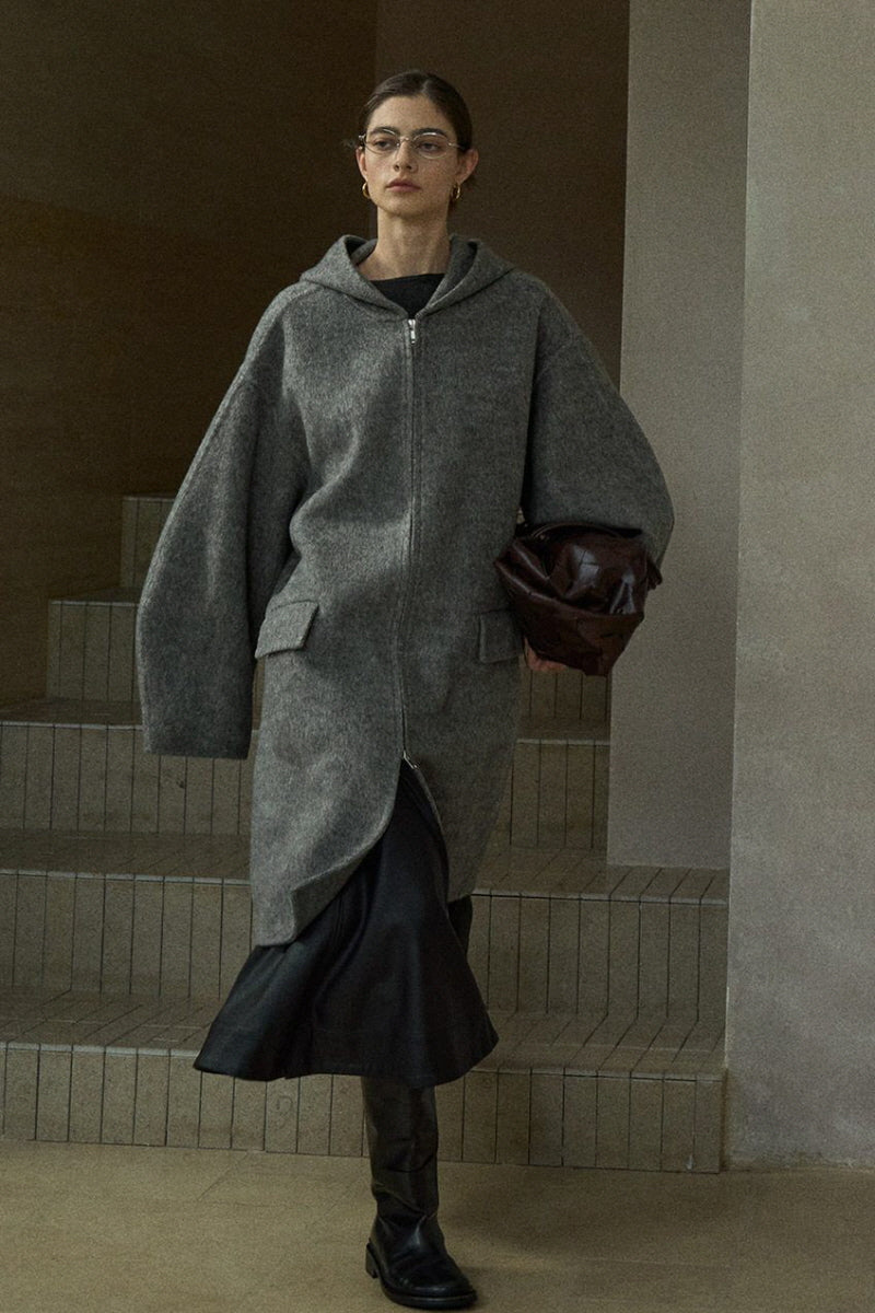 Hooded Scimitar-Sleeve Reversible Coat