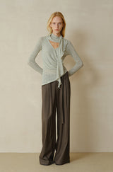 Cross-Drape Pleated V-Neck Flared Sleeve Top