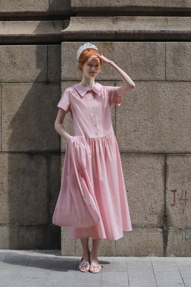 Striped Short Sleeve Waist Dress