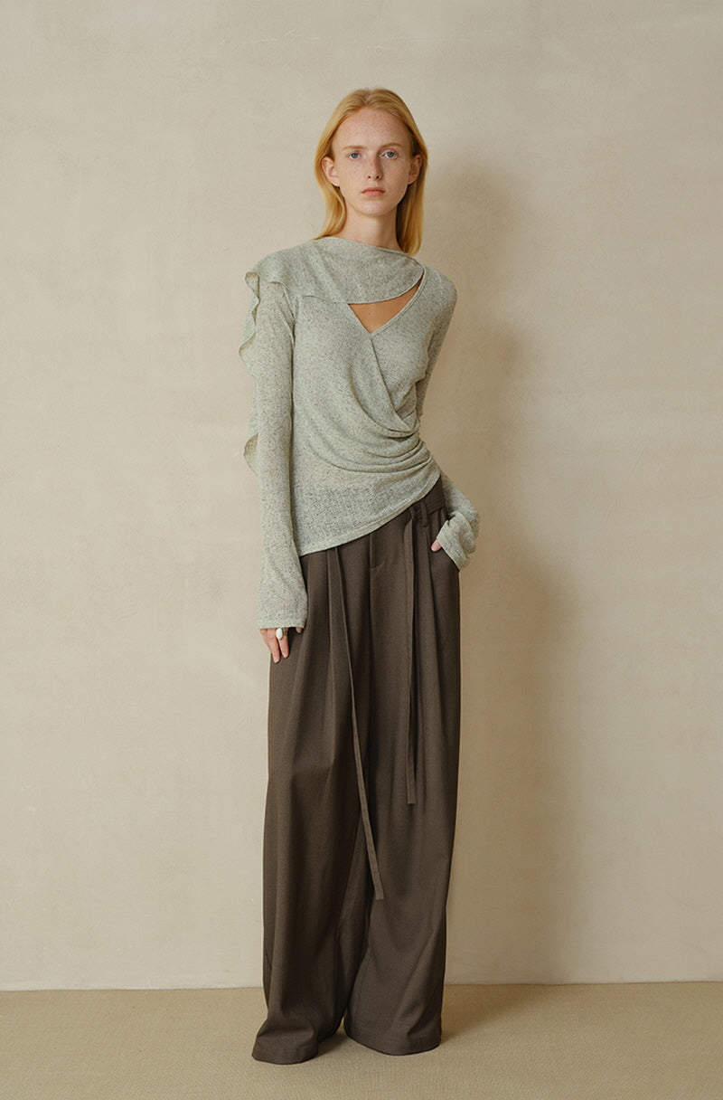 Cross-Drape Pleated V-Neck Flared Sleeve Top