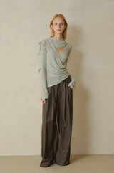 Cross-Drape Pleated V-Neck Flared Sleeve Top