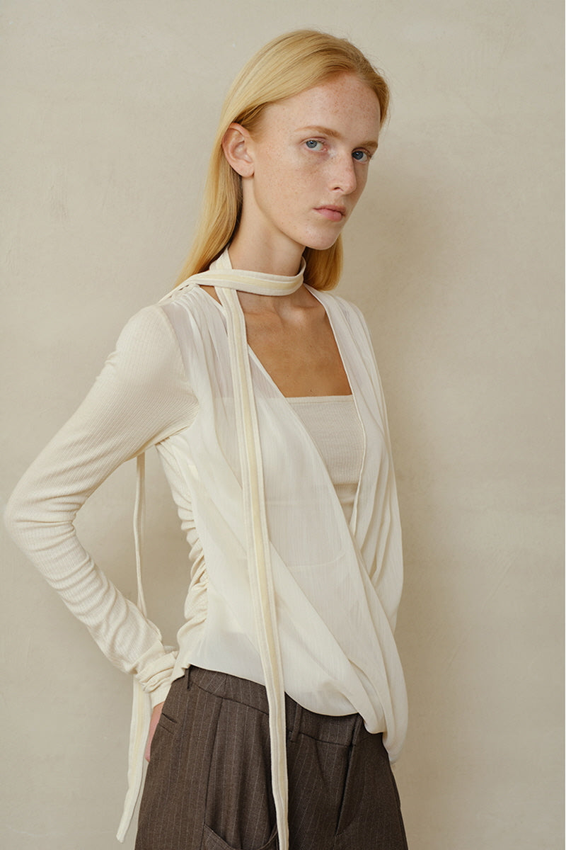Draped Overlapping Mesh Wrap Top