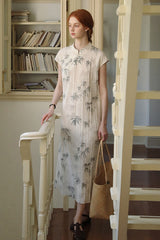 Diagonal Placket Ink Bamboo Cheongsam Dress