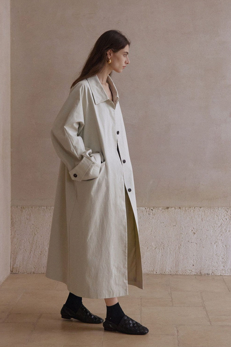 Waist-Textured Long Trench Coat