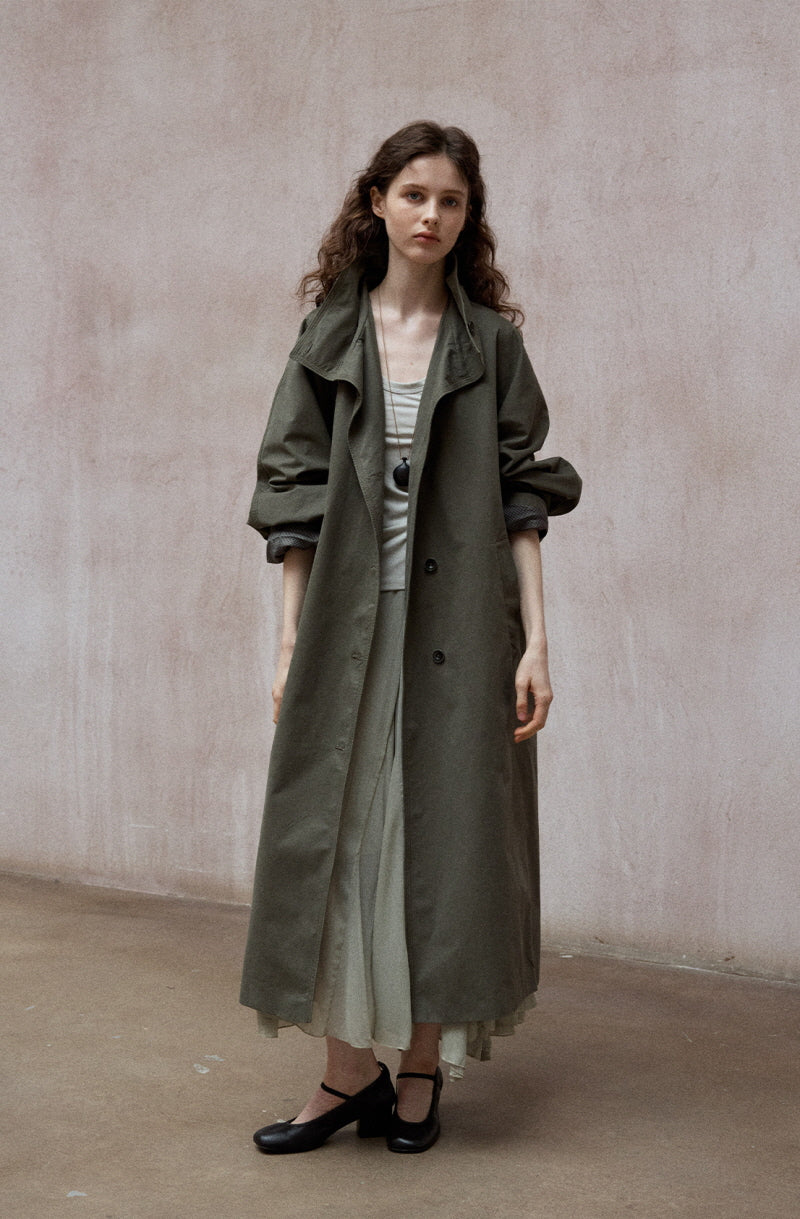 Bat Sleeve Stand-Up Collar Loose Long Trench Coat