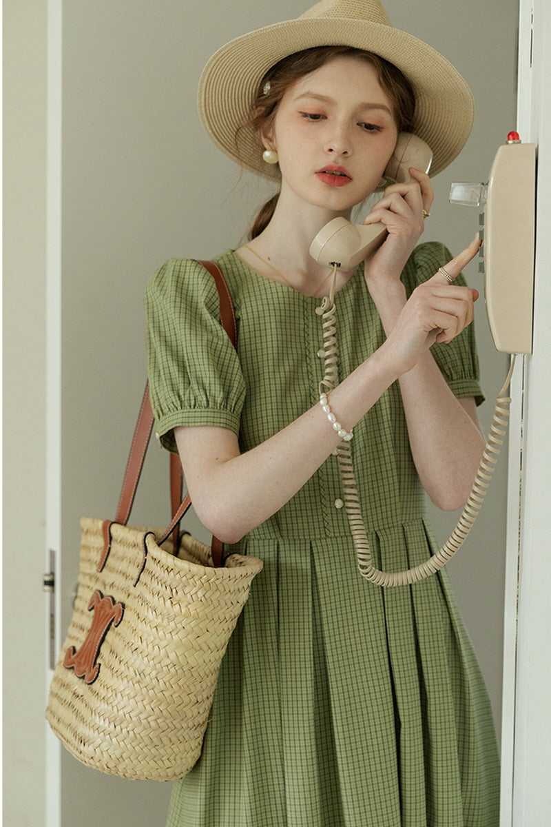 French Vintage Crew Neck Pleated Skirt Dress