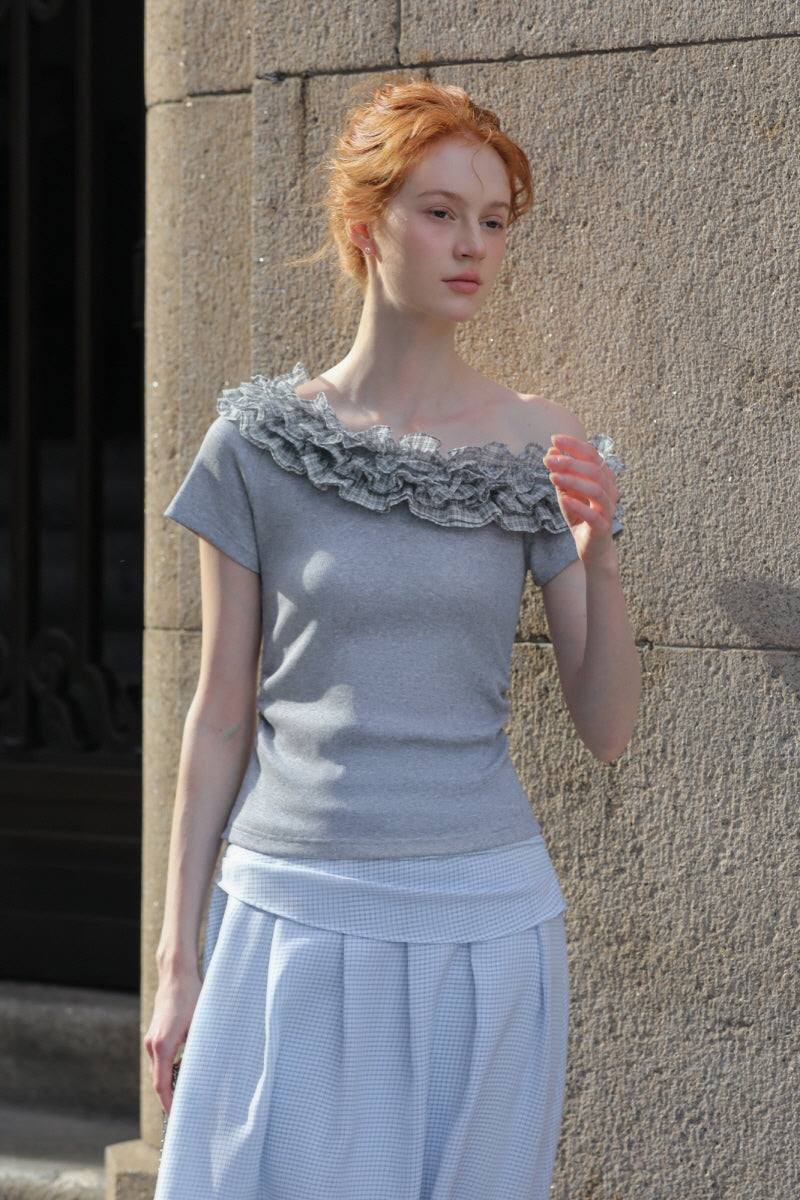 Korean Slim Off-Shoulder Ruffle Shirt