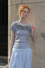 Korean Slim Off-Shoulder Ruffle Shirt