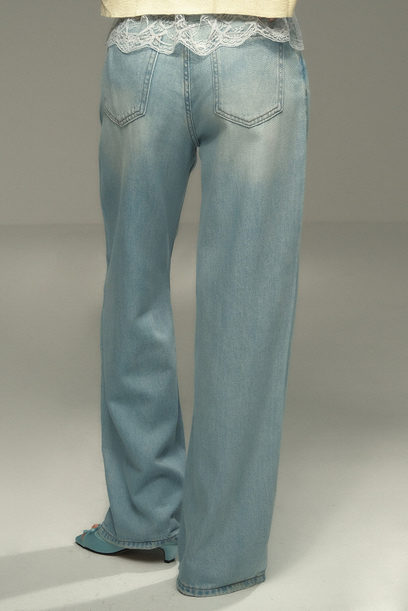 Panelled Lace Straight-Leg Jeans