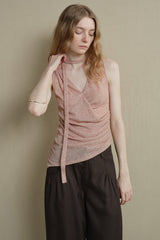 Asymmetrical Hem Pleated Streamer Halterneck Vest