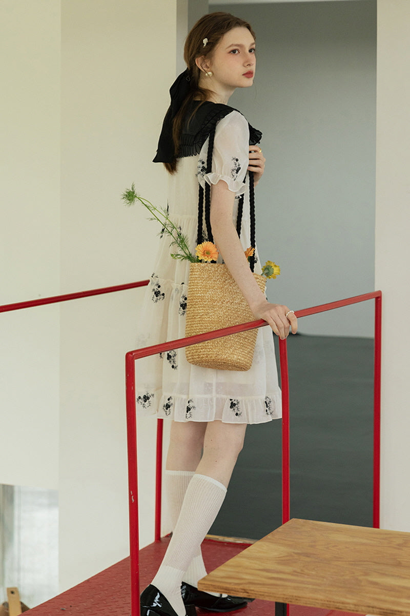 Navy Collar Paneled Embroidered Dress