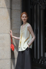 French Romantic Fungus Trimmed Sleeveless Top