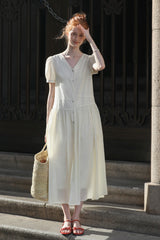 Split V-Neck Puff Sleeve Shirt Dress