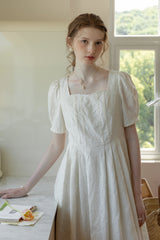 Square Neck Embroidered Pleated Dress