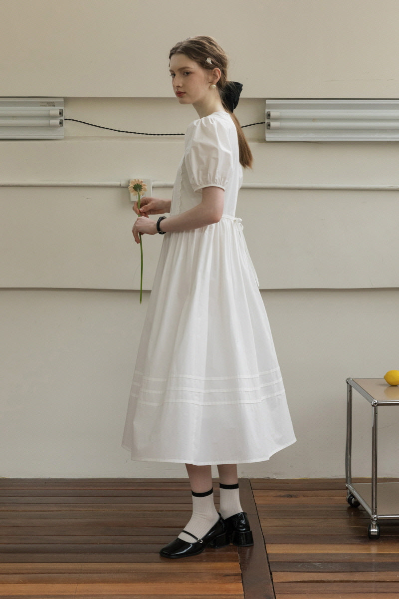 Puff Sleeve Round Neck Tie Bellflower Dress
