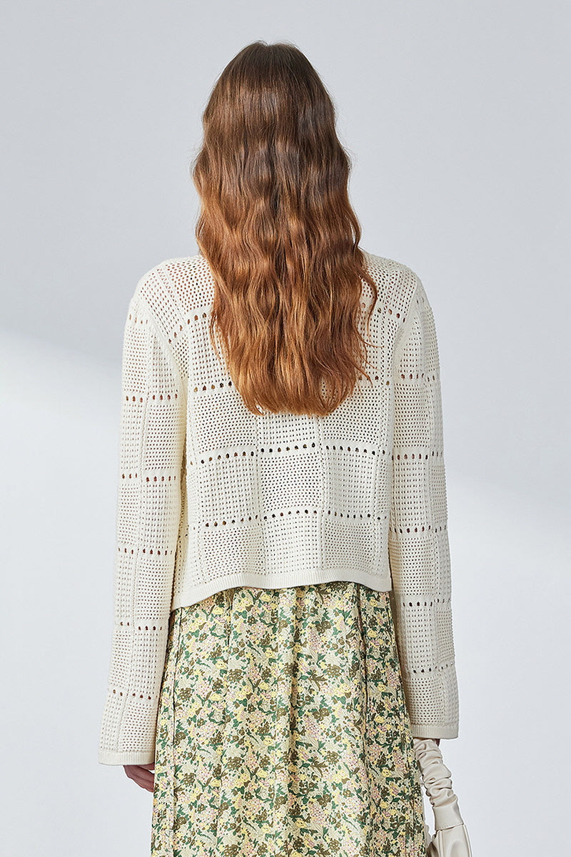 Textured Micro-Cut-Out Knit Pearl Button Cardigan